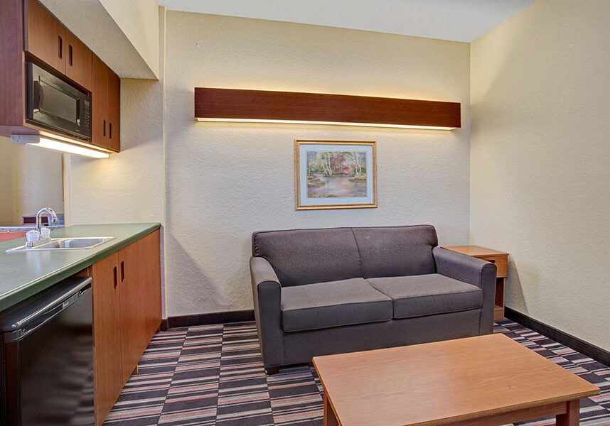living area in guest suite with sofa, coffee table, and wet bar